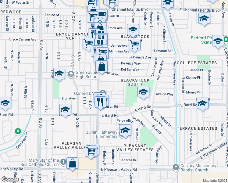 map of restaurants, bars, coffee shops, grocery stores, and more near 145 Ibsen Place in Oxnard