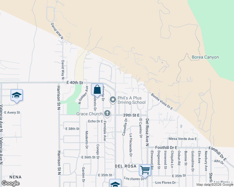 map of restaurants, bars, coffee shops, grocery stores, and more near 1403 Sonora Street in San Bernardino