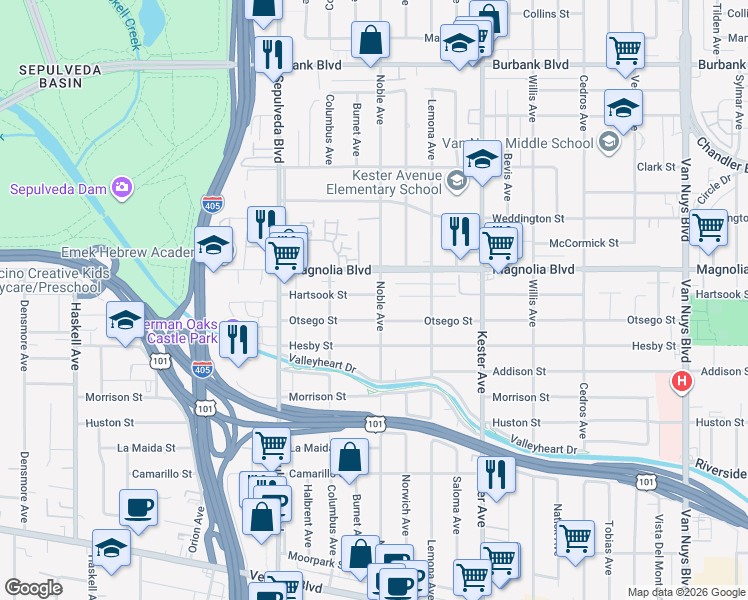 map of restaurants, bars, coffee shops, grocery stores, and more near 5123 Noble Avenue in Los Angeles