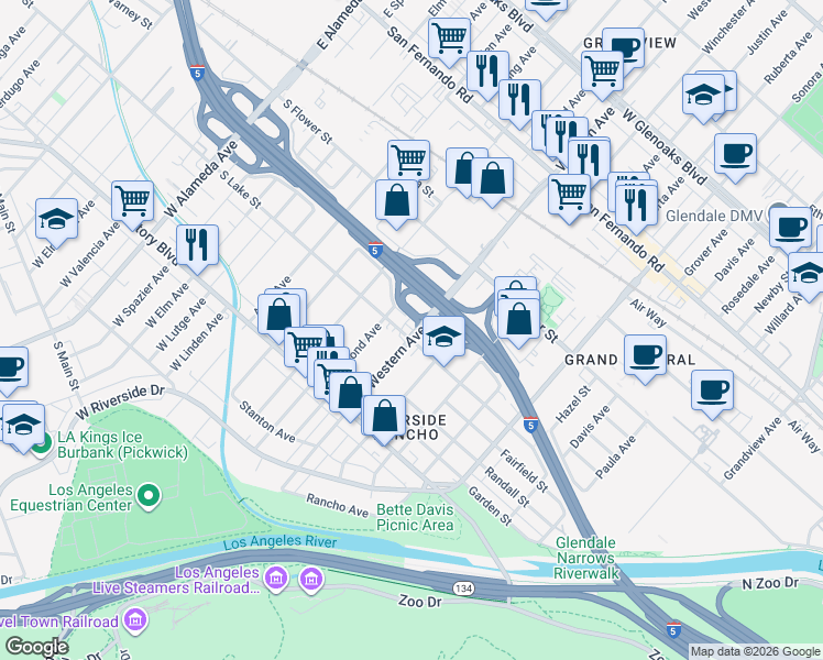 map of restaurants, bars, coffee shops, grocery stores, and more near 511 Western Avenue in Glendale