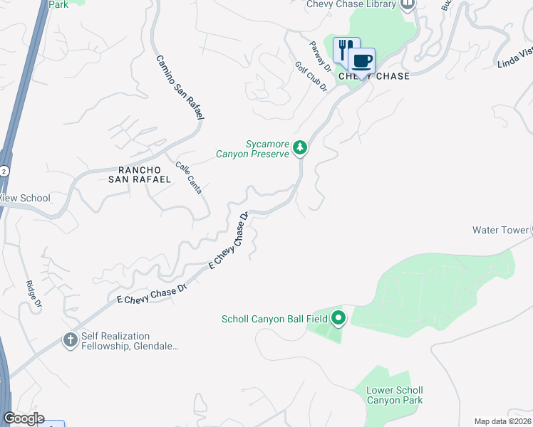 map of restaurants, bars, coffee shops, grocery stores, and more near 2644 East Chevy Chase Drive in Glendale