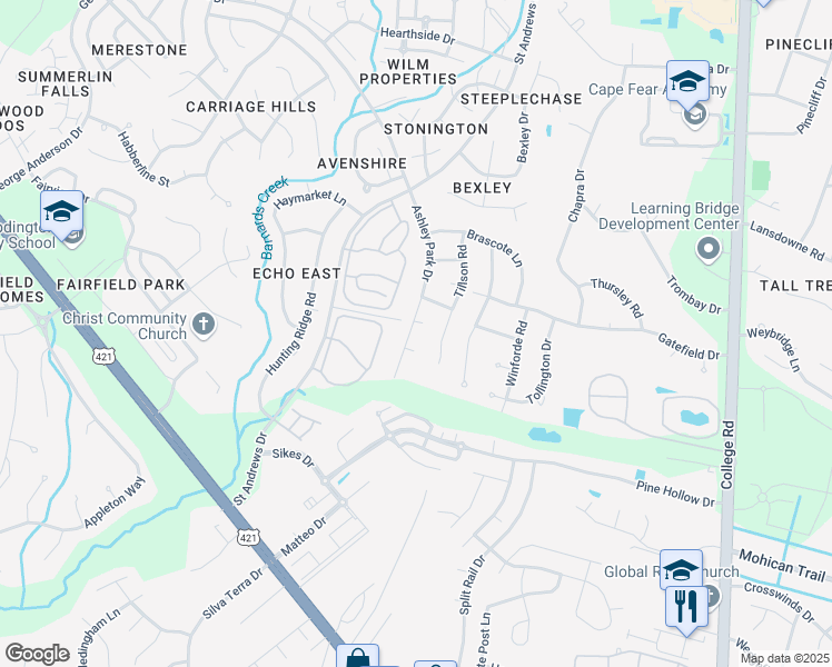 map of restaurants, bars, coffee shops, grocery stores, and more near 4311 Ashley Park Drive in Wilmington
