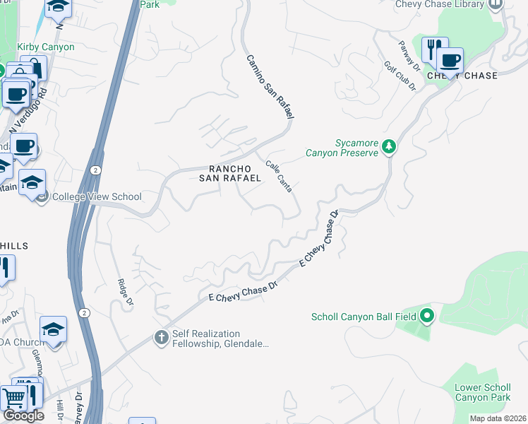 map of restaurants, bars, coffee shops, grocery stores, and more near 885 Calle La Primavera in Glendale