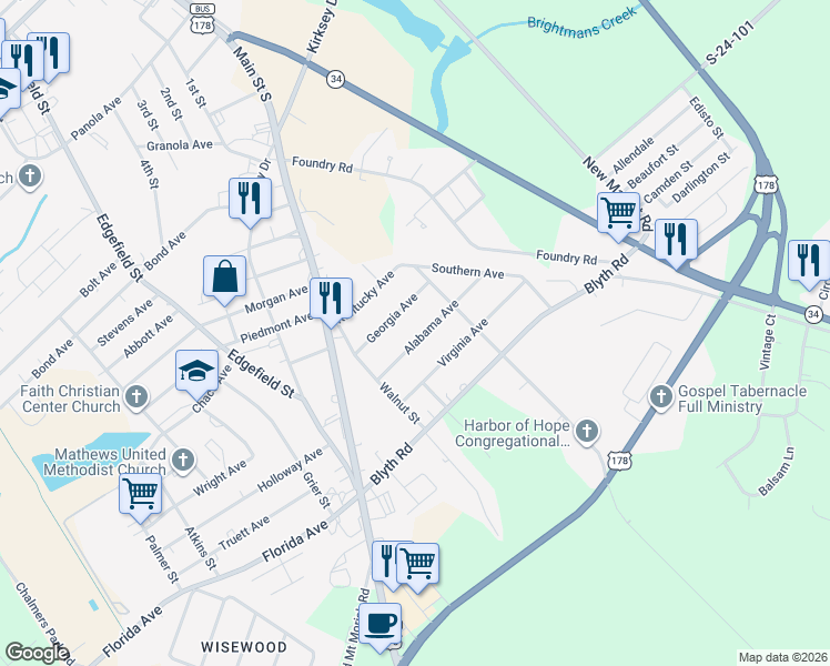map of restaurants, bars, coffee shops, grocery stores, and more near 214 Georgia Avenue in Greenwood