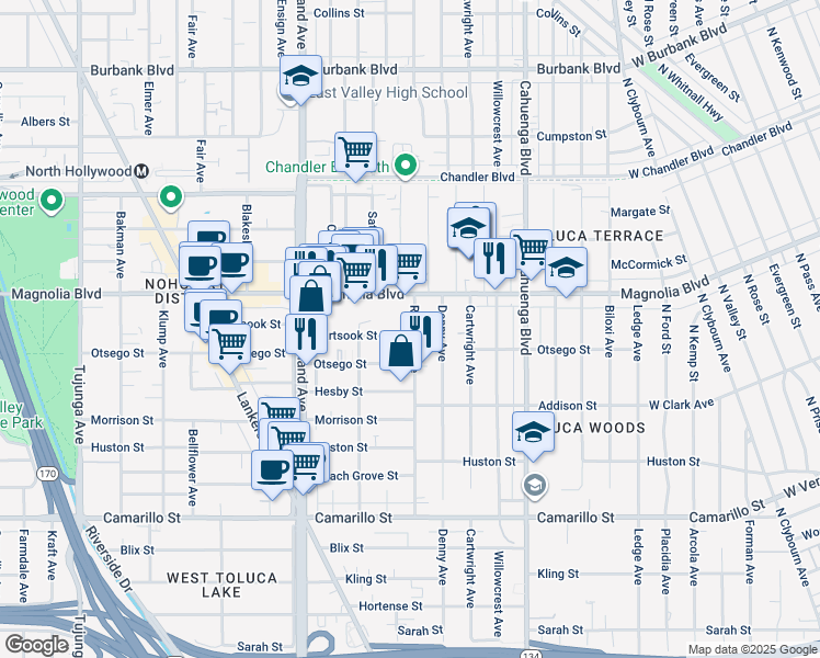 map of restaurants, bars, coffee shops, grocery stores, and more near 10801 Hartsook Street in Los Angeles