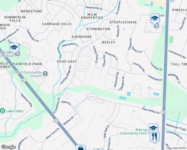 map of restaurants, bars, coffee shops, grocery stores, and more near 4311 Ashley Park Drive in Wilmington