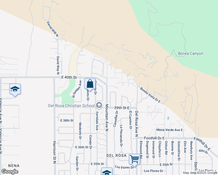 map of restaurants, bars, coffee shops, grocery stores, and more near 1403 Sonora Street in San Bernardino