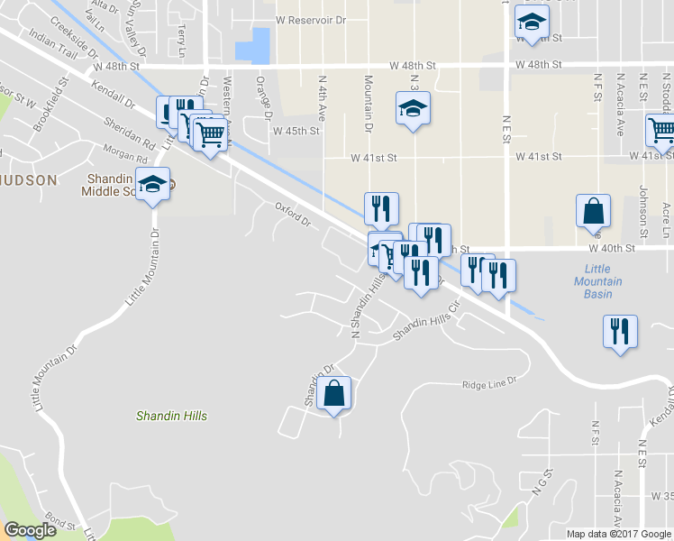 map of restaurants, bars, coffee shops, grocery stores, and more near 1132 Amberwood Court in San Bernardino