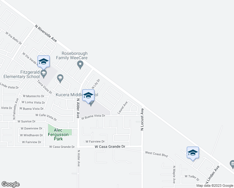map of restaurants, bars, coffee shops, grocery stores, and more near 2035 West Sunnyview Drive in Rialto