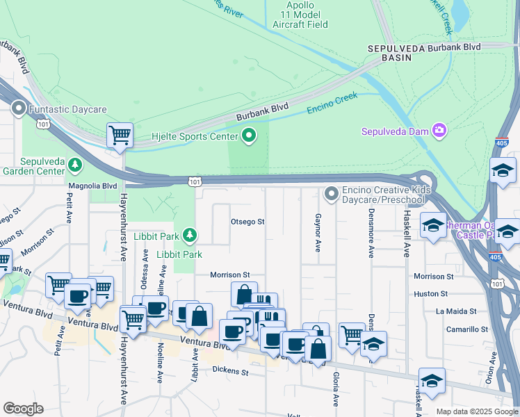 map of restaurants, bars, coffee shops, grocery stores, and more near 5157 Woodley Avenue in Los Angeles
