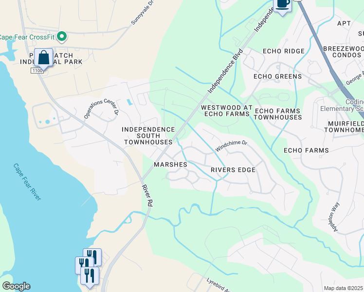 map of restaurants, bars, coffee shops, grocery stores, and more near Independence Blvd in Wilmington