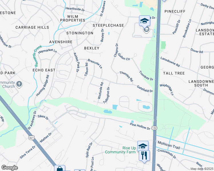 map of restaurants, bars, coffee shops, grocery stores, and more near 4304 Tollington Drive in Wilmington