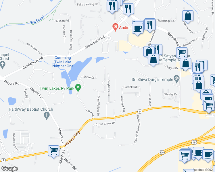 map of restaurants, bars, coffee shops, grocery stores, and more near 2957 Greyhawk Lane in Cumming