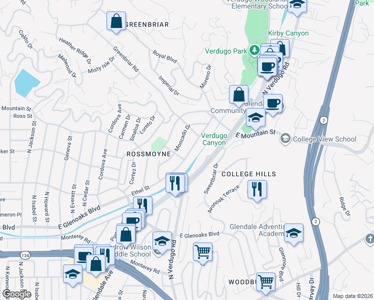 map of restaurants, bars, coffee shops, grocery stores, and more near 1317 Ethel Street in Glendale