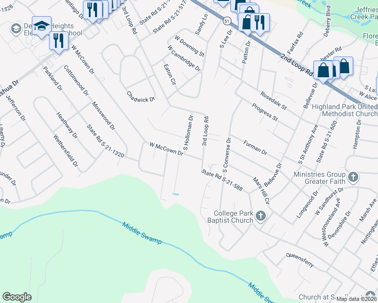 map of restaurants, bars, coffee shops, grocery stores, and more near 2015 West McCown Drive in Florence