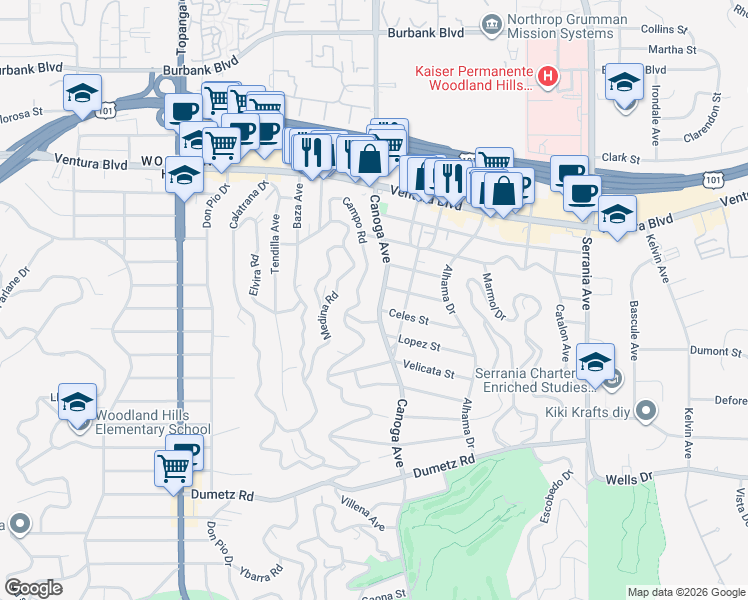 map of restaurants, bars, coffee shops, grocery stores, and more near 5189 Canoga Avenue in Los Angeles