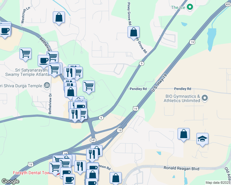 map of restaurants, bars, coffee shops, grocery stores, and more near 2024 Atlanta Highway in Cumming