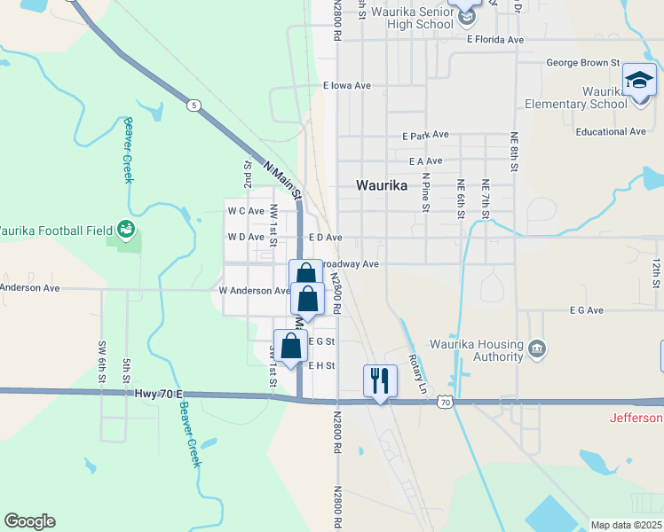 map of restaurants, bars, coffee shops, grocery stores, and more near 105 South Meridian Street in Waurika
