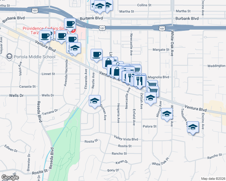 map of restaurants, bars, coffee shops, grocery stores, and more near 5176 Lindley Avenue in Los Angeles