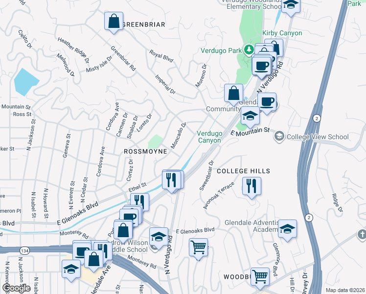 map of restaurants, bars, coffee shops, grocery stores, and more near 1317 Ethel Street in Glendale