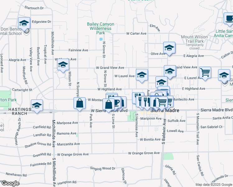map of restaurants, bars, coffee shops, grocery stores, and more near 298 West Highland Avenue in Sierra Madre