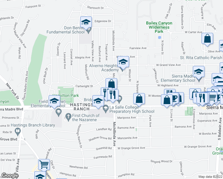 map of restaurants, bars, coffee shops, grocery stores, and more near 700 West Highland Avenue in Sierra Madre