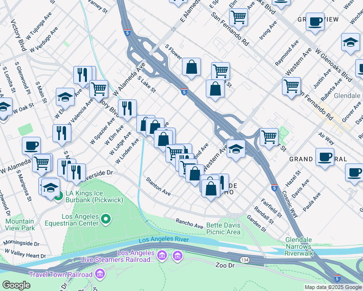 map of restaurants, bars, coffee shops, grocery stores, and more near 324 Irving Avenue in Glendale