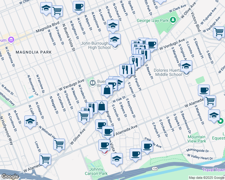 map of restaurants, bars, coffee shops, grocery stores, and more near 119 North Myers Street in Burbank