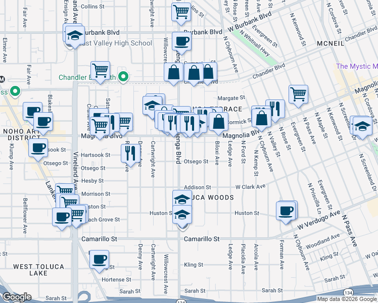 map of restaurants, bars, coffee shops, grocery stores, and more near 5127 Auckland Avenue in Los Angeles