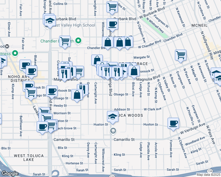 map of restaurants, bars, coffee shops, grocery stores, and more near 5129 Cahuenga Boulevard in Los Angeles