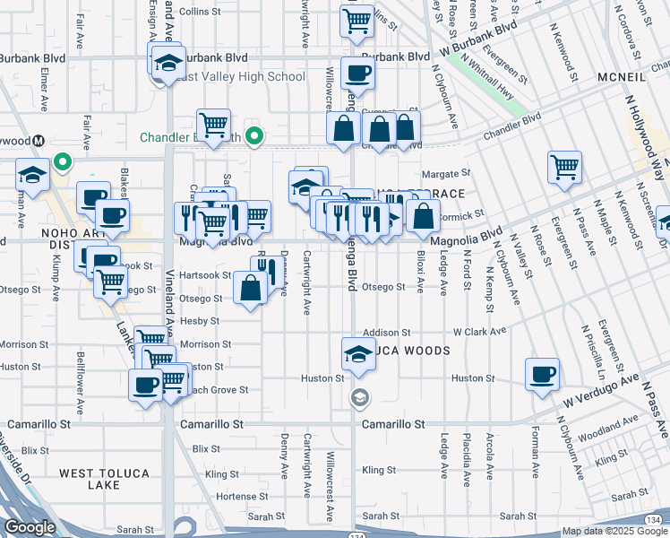 map of restaurants, bars, coffee shops, grocery stores, and more near 5129 Cahuenga Boulevard in Los Angeles
