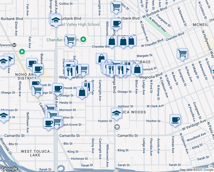 map of restaurants, bars, coffee shops, grocery stores, and more near 5129 Cahuenga Boulevard in Los Angeles