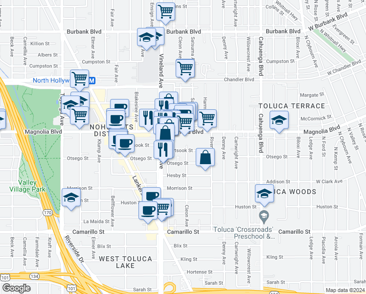map of restaurants, bars, coffee shops, grocery stores, and more near 10859 Hartsook Street in Los Angeles