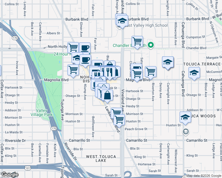 map of restaurants, bars, coffee shops, grocery stores, and more near 11047 Hartsook Street in Los Angeles