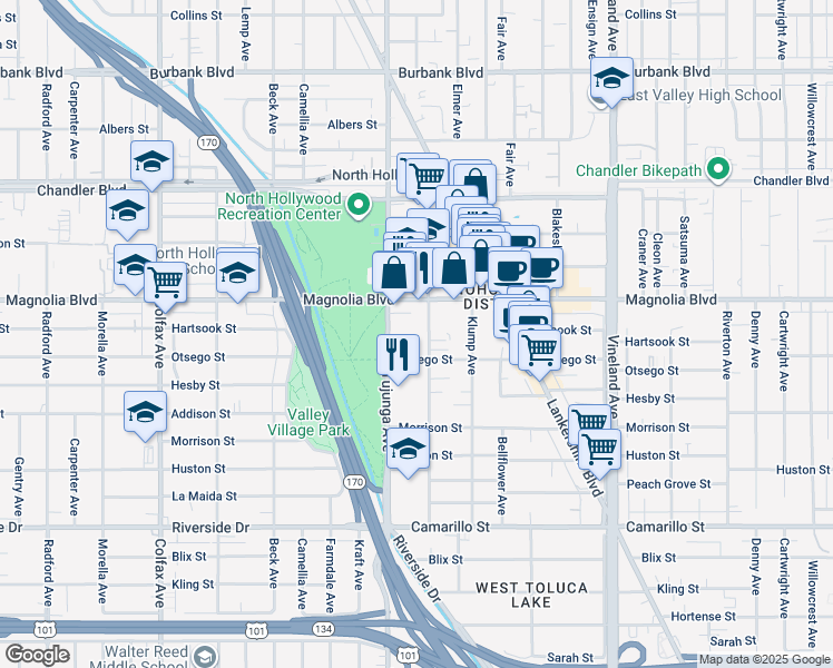 map of restaurants, bars, coffee shops, grocery stores, and more near 5142 Tujunga Avenue in Los Angeles