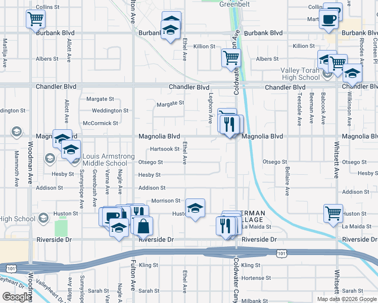 map of restaurants, bars, coffee shops, grocery stores, and more near in Los Angeles