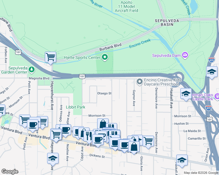 map of restaurants, bars, coffee shops, grocery stores, and more near 5166 Woodley Avenue in Los Angeles