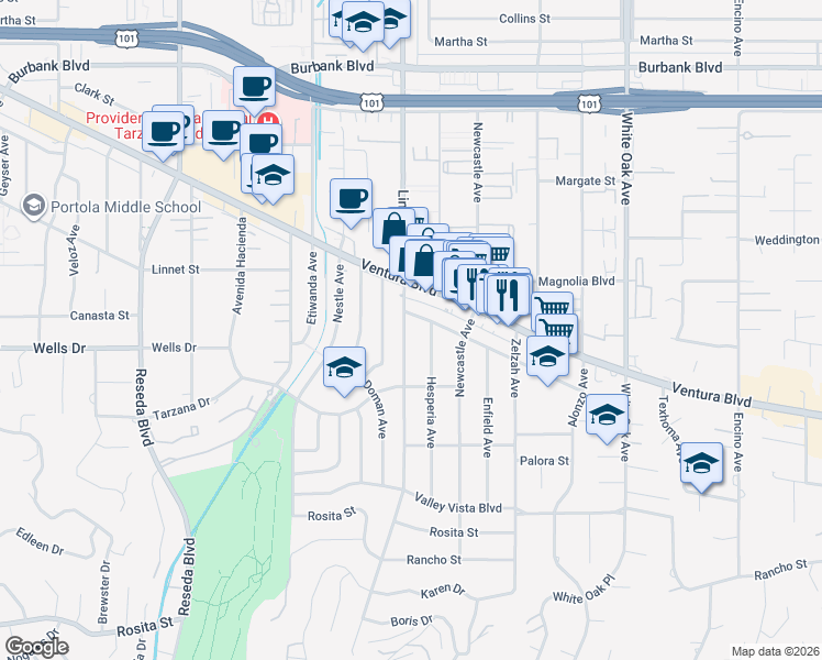 map of restaurants, bars, coffee shops, grocery stores, and more near 5176 Lindley Avenue in Los Angeles