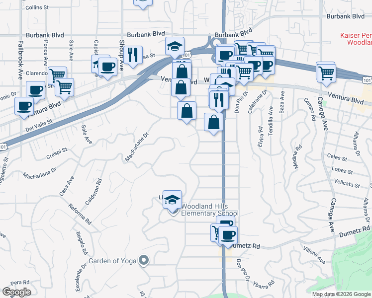 map of restaurants, bars, coffee shops, grocery stores, and more near 22228 Miston Drive in Los Angeles