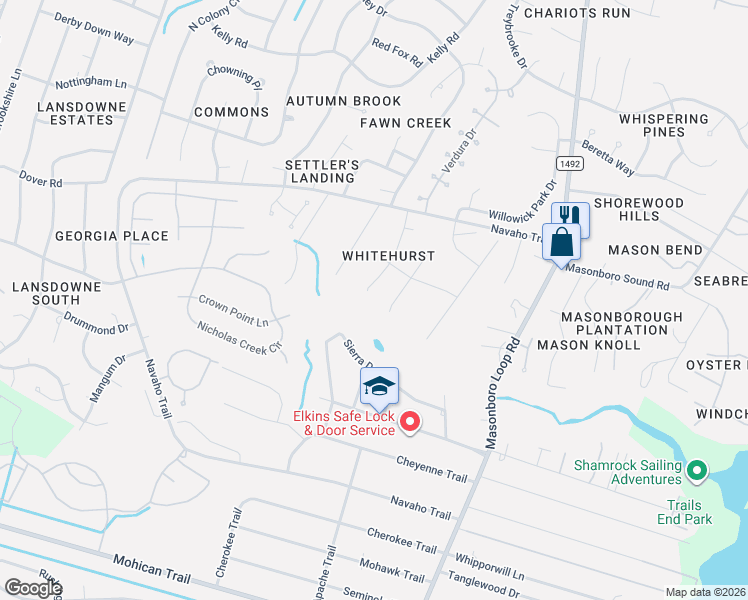 map of restaurants, bars, coffee shops, grocery stores, and more near 4217 Whitehurst Drive in Wilmington