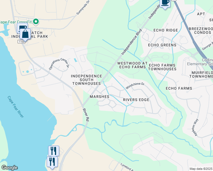 map of restaurants, bars, coffee shops, grocery stores, and more near Independence Blvd in Wilmington