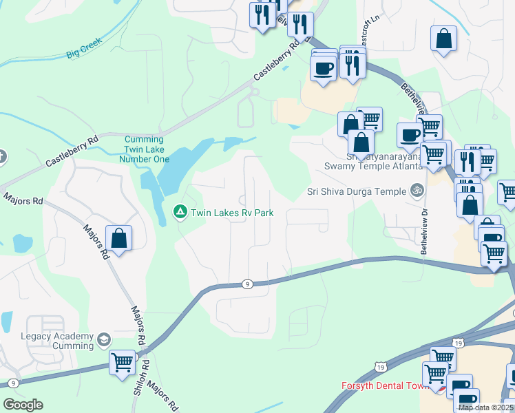 map of restaurants, bars, coffee shops, grocery stores, and more near 2948 Greyhawk Lane in Cumming