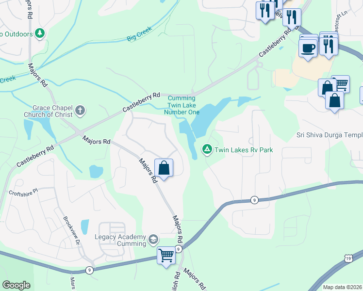 map of restaurants, bars, coffee shops, grocery stores, and more near 6375 Oak Valley Drive in Cumming