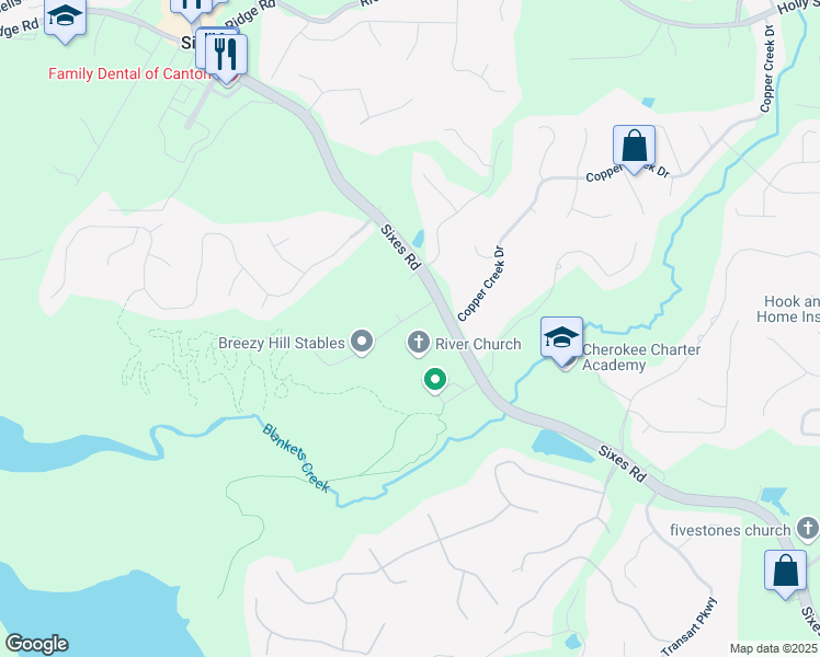 map of restaurants, bars, coffee shops, grocery stores, and more near 187 Sixes Creek Trail in Canton