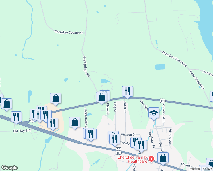 map of restaurants, bars, coffee shops, grocery stores, and more near 1052 Bay Springs Road in Centre