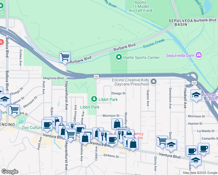 map of restaurants, bars, coffee shops, grocery stores, and more near 5163 Valjean Avenue in Los Angeles
