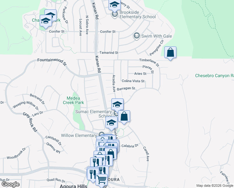 map of restaurants, bars, coffee shops, grocery stores, and more near 6224 Feral Avenue in Agoura Hills