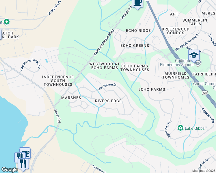 map of restaurants, bars, coffee shops, grocery stores, and more near 310 Windchime Drive in Wilmington