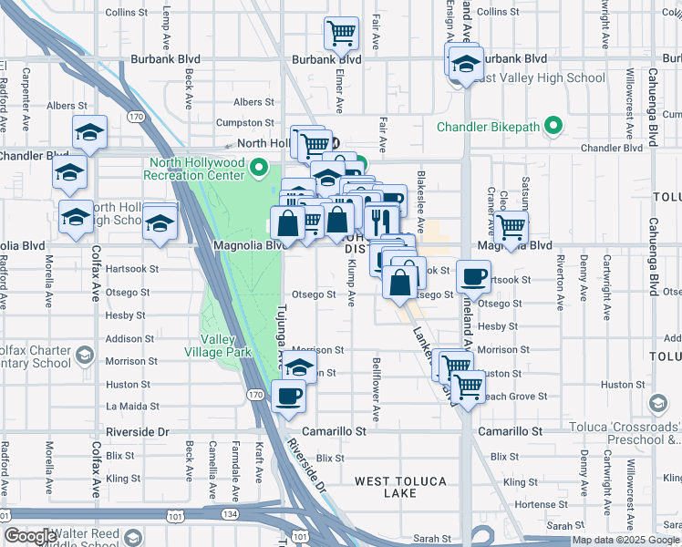 map of restaurants, bars, coffee shops, grocery stores, and more near 5127 Klump Avenue in Los Angeles