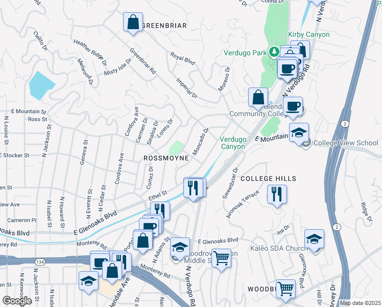 map of restaurants, bars, coffee shops, grocery stores, and more near 1204 Don Jose Drive in Glendale
